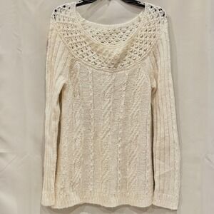 Loft Cream Cable Knit Lace Yoke Tunic Sweater Mohair Blend Medium Boho 19666